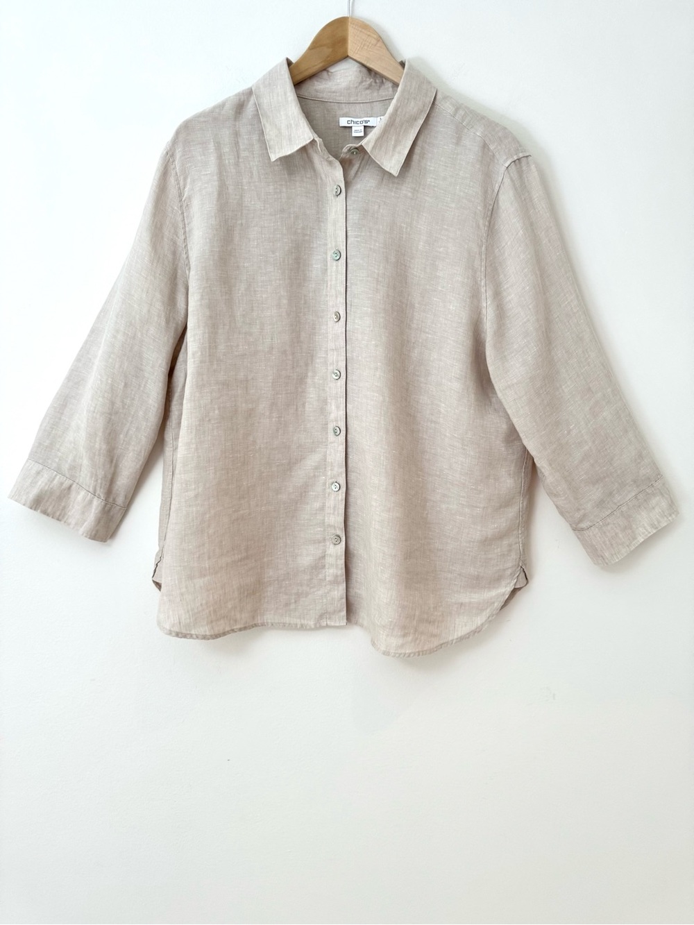 Chico's 100% Linen Button Up Shirt Tunic Oatmeal Beige Size 3 XL 16 Like New